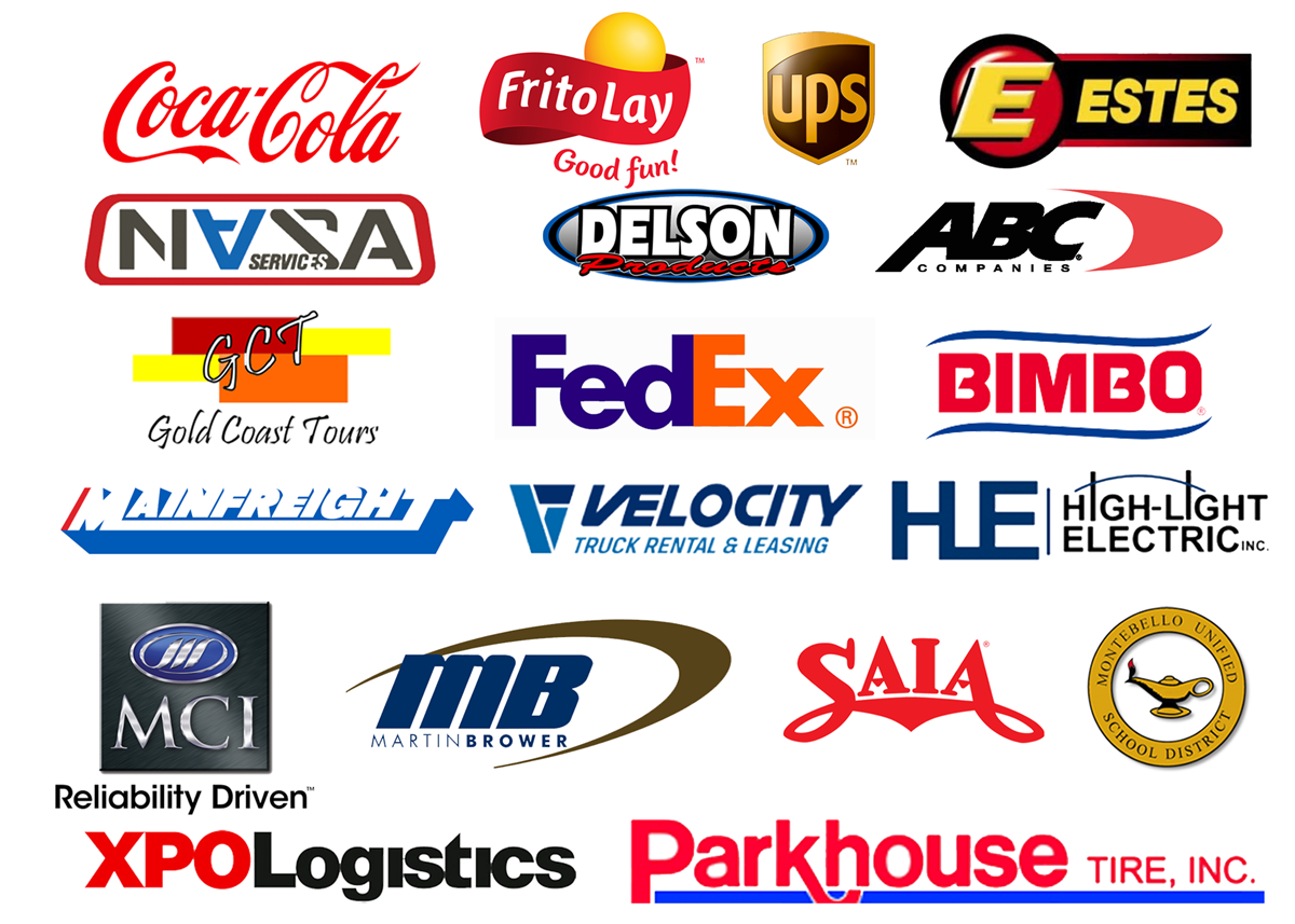 Logos of companies Advance Truck Painting has serviced, spanning national beverage, snack, parcel, freight, and motor coach fleets alongside regional Southern California businesses